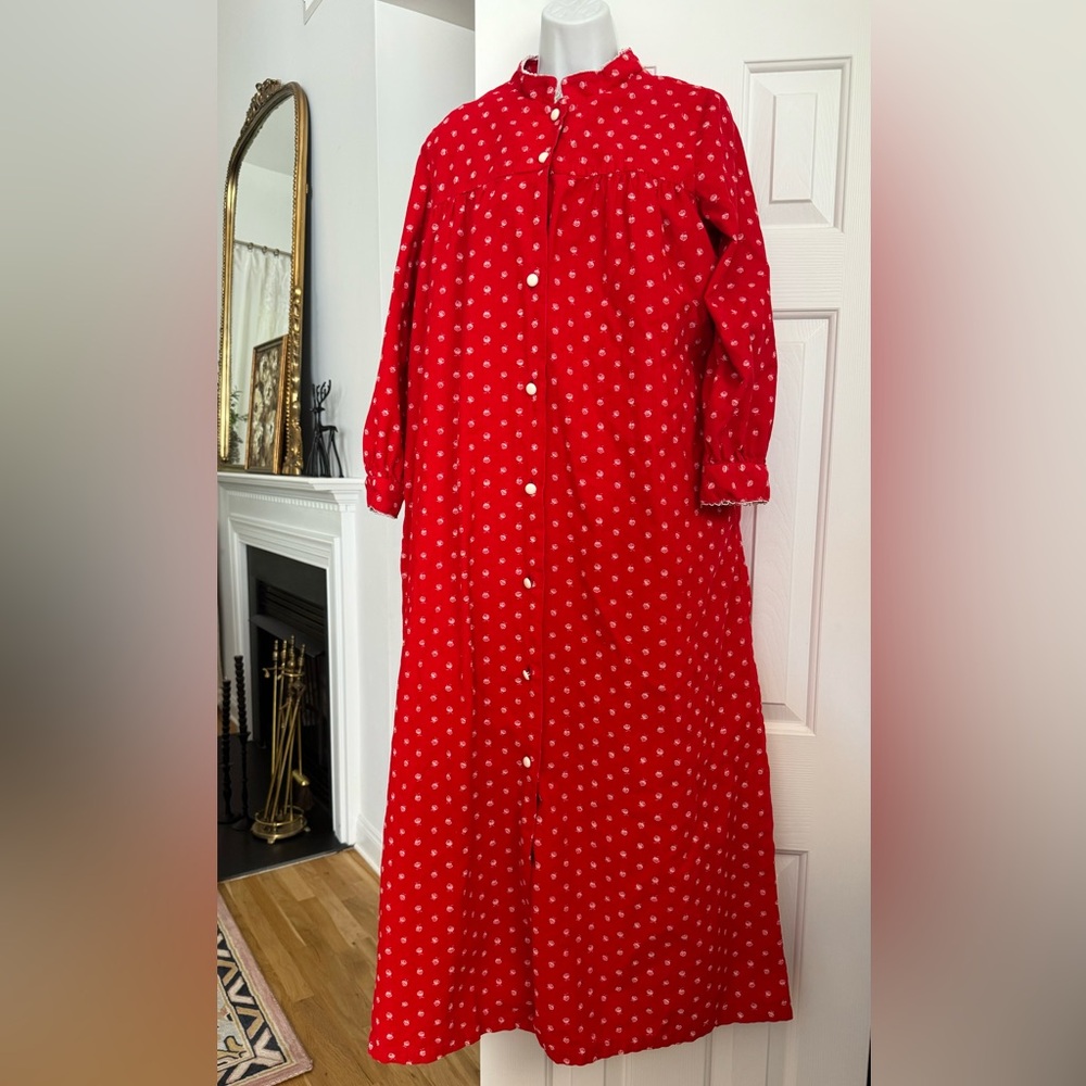 Vintage SEARS  Corduroy Red  Floral prints  Button Up   Nightgown / Dress Size L